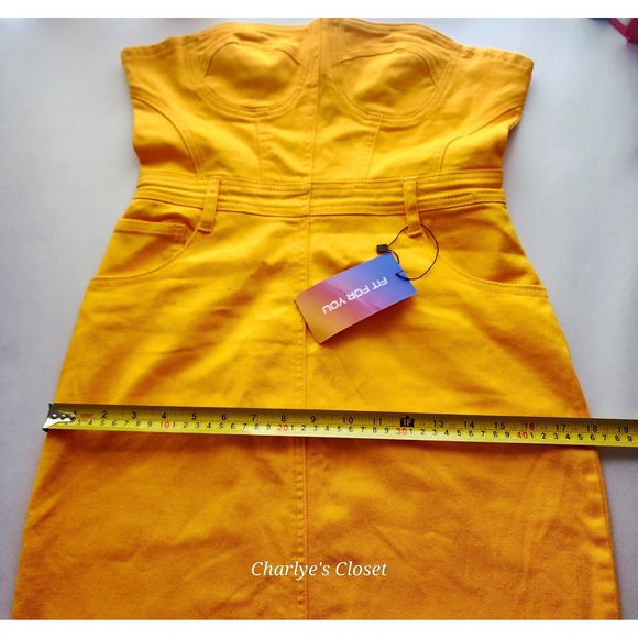 Yellow Denim Strapless Corset Midi Dress Sz. L | Y2K Stretch Denim Revival‎ - Picture 7 of 11